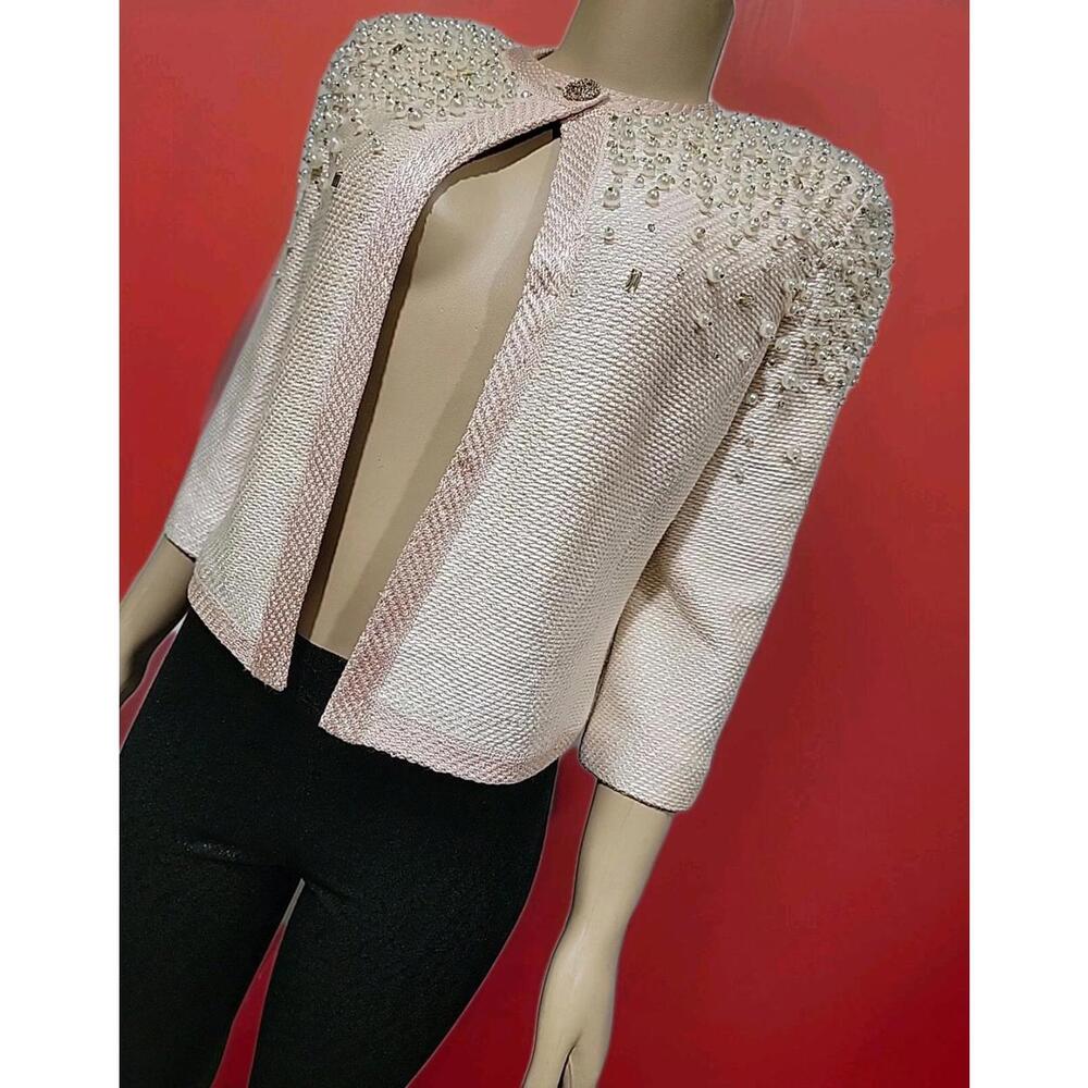 St. John Couture Black Label Size 4 Pink Hand Beaded Knit Jacket Cardigan #A - Picture 3 of 16
